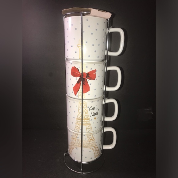 Stacking  Eiffel Tower Coffee Mug Set of 4 with Silver Metal Rack Carly & Rose - Picture 3 of 9